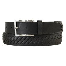 Men's Center Woven Detail Leather Belt-Black, XL