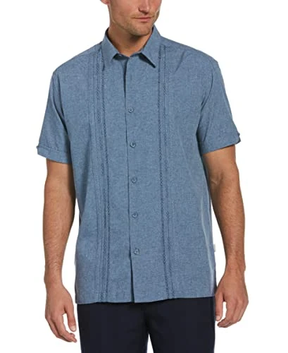 Men's Chambray Pintuck Geometric Short Sleeve Button-Down Shirt, Dress Blues, XL