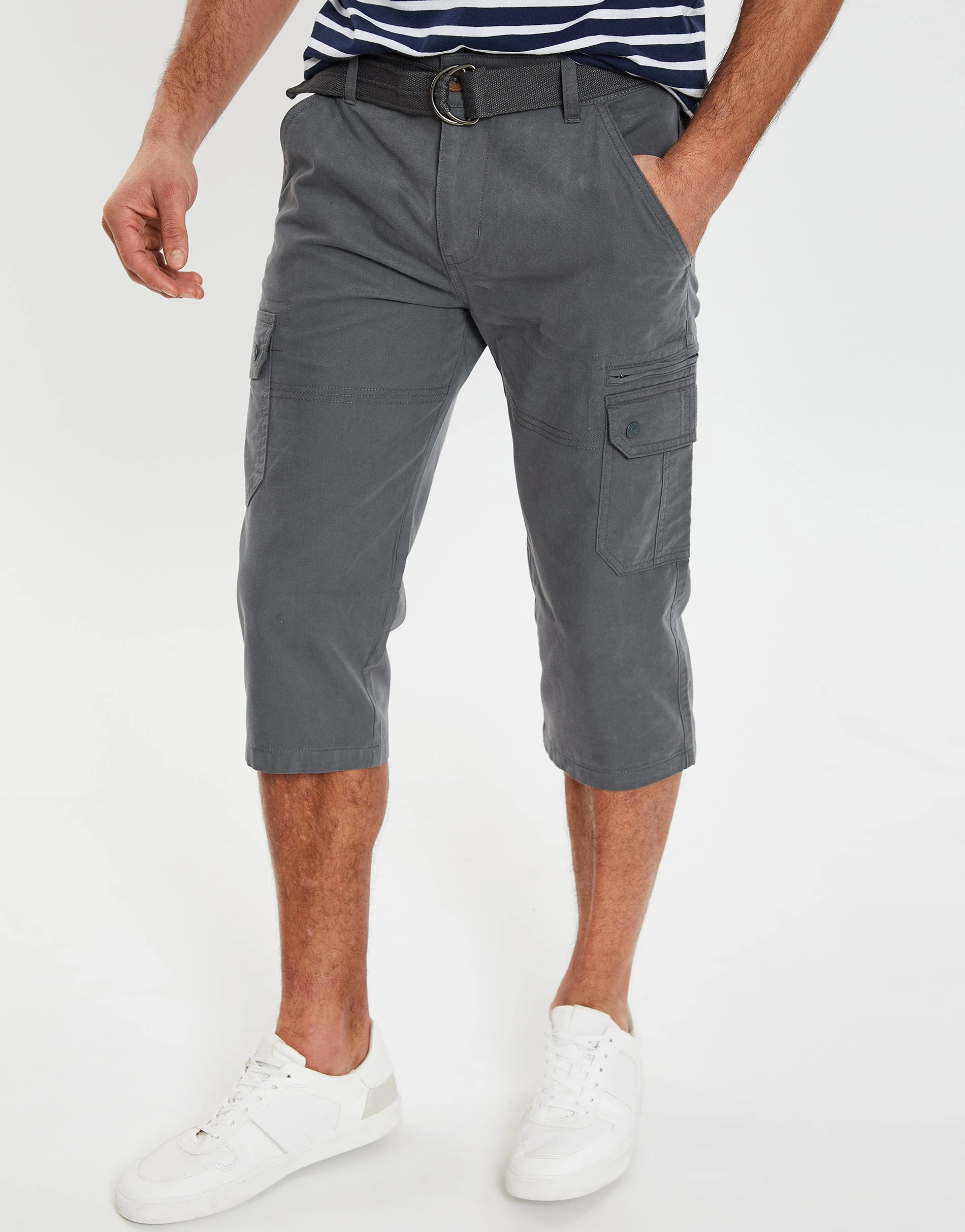 Men's Charcoal 3/4 Length Belted Cargo Trousers