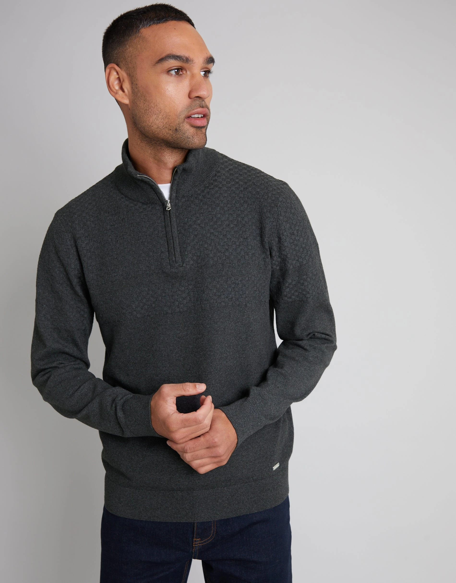 Men's Charcoal Basket Stitch Detail Knitted Quarter Zip Jumper