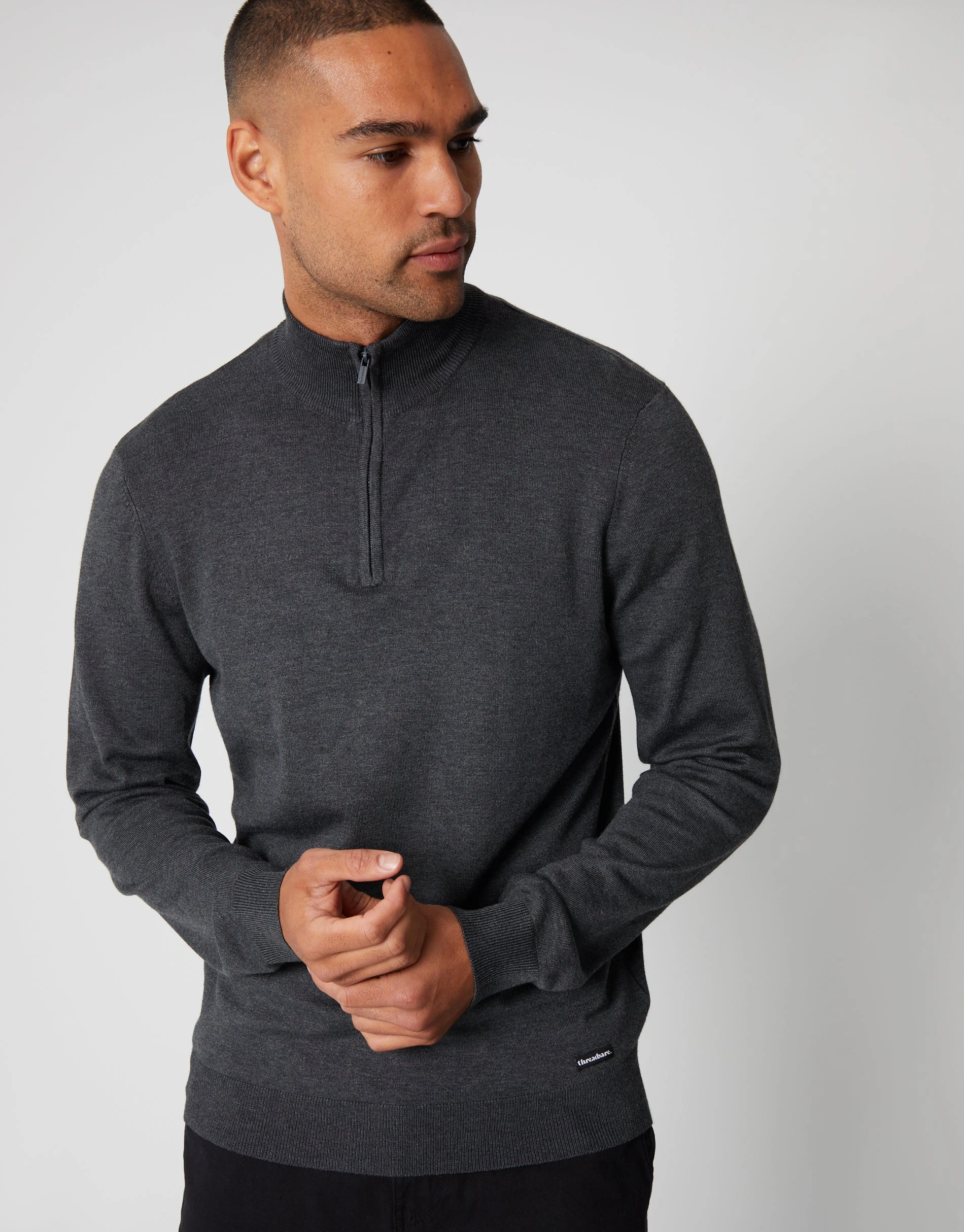 Men's Charcoal Funnel Neck Quarter Zip Knitted Jumper