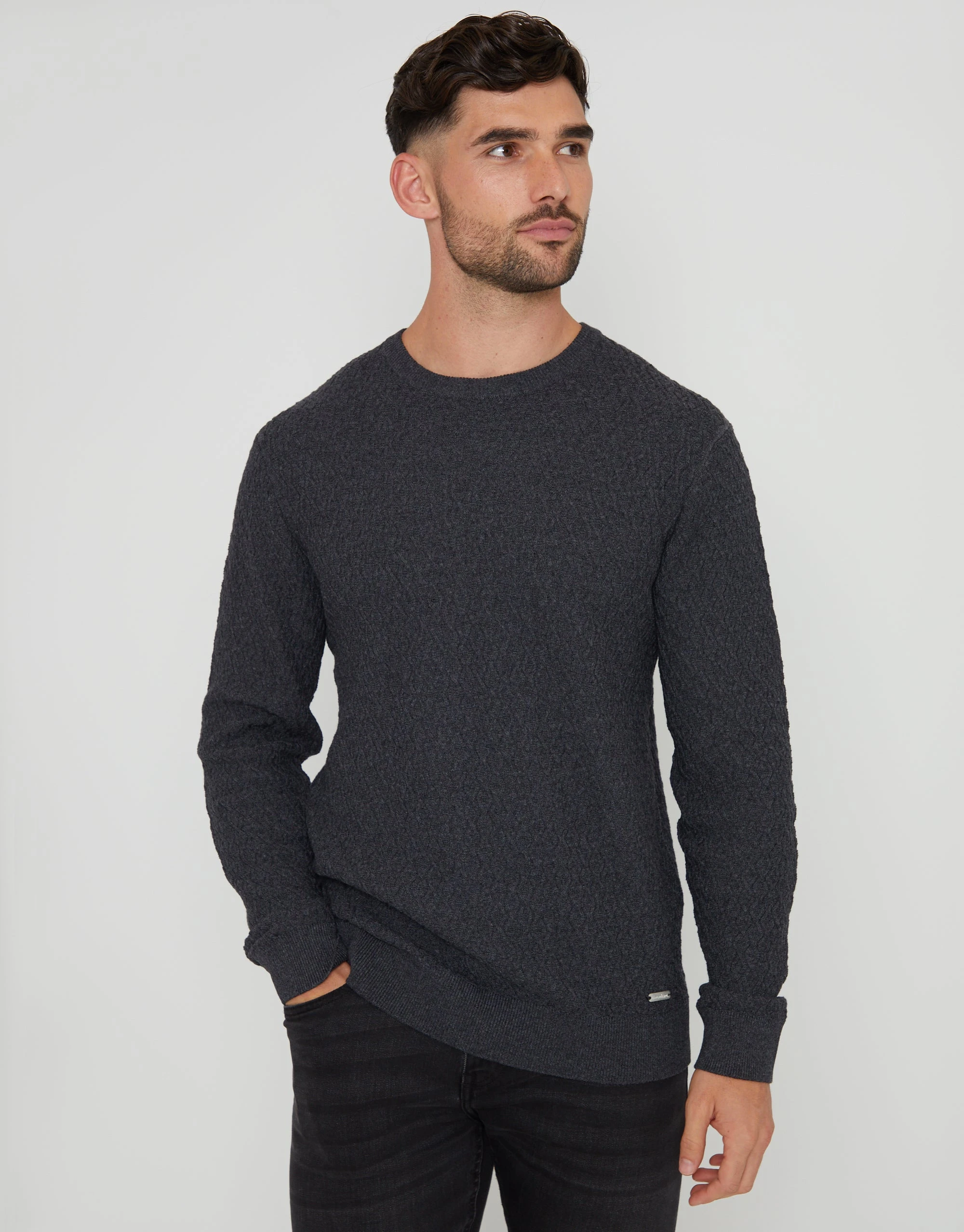 Men's Charcoal Marl Mini Cable Knit Crew Neck Jumper