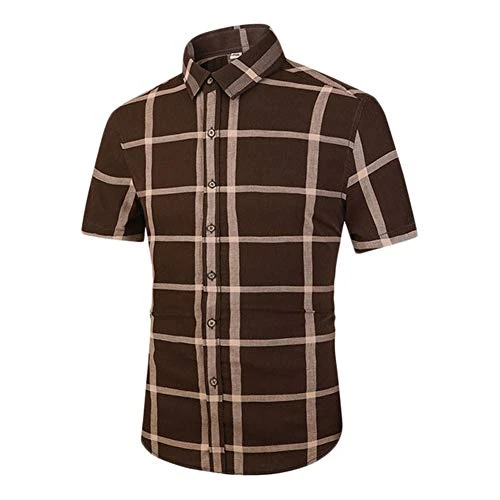 Men's Check Shirt Short-Sleeve Casual Shirts Brown XL