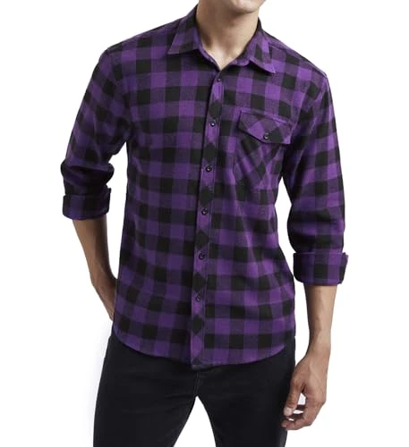 Mens Checked Flannel Shirts Long Sleeve Casual Plaid Shirt for Men Lumberjack Shirts Button Down Reg