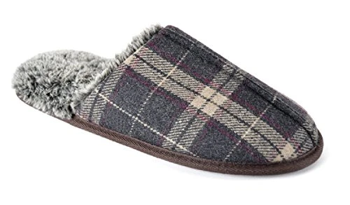 Mens Checked Memory Foam Mule Slipper (Small, Grey Check)