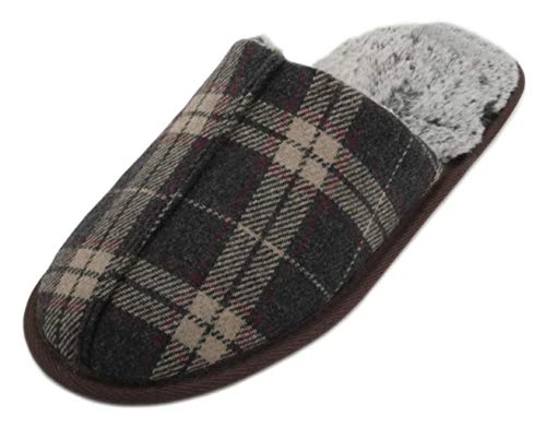 Mens Checked Memory Foam Open Back Mule Slipper Brown 9/10 UK