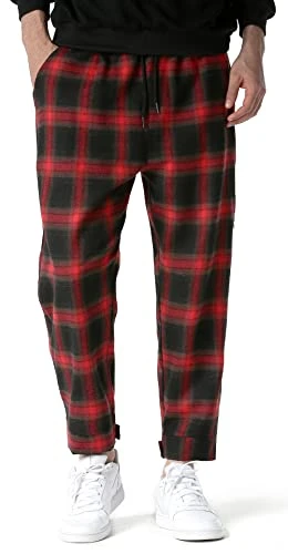 Men's Checked Trousers Plaid Tracksuit Bottoms Tartan Casual Elasticated Waist Trousers with Pockets Drawstring Loose Fit Sweatpants Cotton Check Lounge Pants Pyjama Spring Autumn Red M