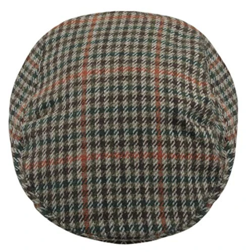 Mens Checked Wool Mix Tweed Flat Cap Khaki Orange L/XL