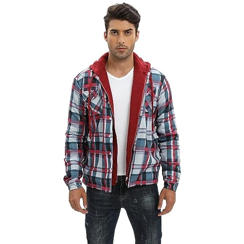 Men's Checkered Quilted Hoodie Jacket Thin Cotton Padded Shirt Jacket Red SN07929-2 5XL