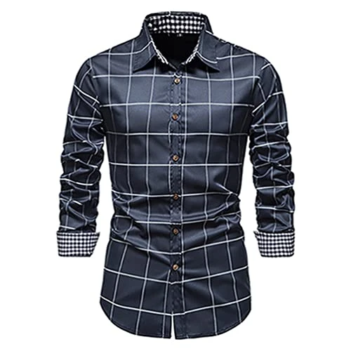 Men's Checkered Shirt Long Sleeve Lapel Neck Topstitching Tops Button-Down Shirts (Navy, S)