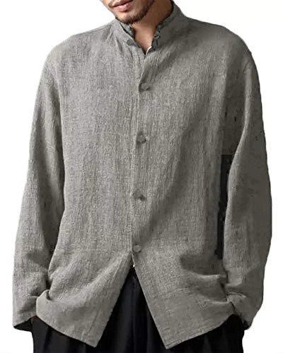 Men's Chinese Style Retro Stand Collar Loose Cotton Linen Shirts Gray