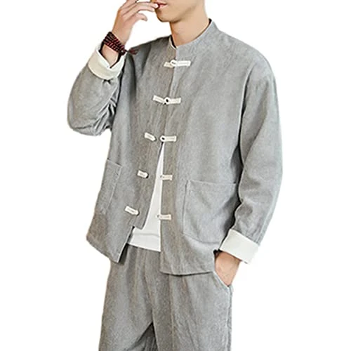 Mens Chinese Tang Suit Tops, Long Sleeve Martial Arts Kung Fu Shirts Corduroy Jacket with Pockets (G