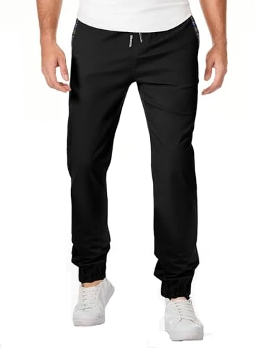 Mens Chino Trousers Casual Stretch Cotton Chinos Regular Fit Drawstring Jogger Pants Black, M