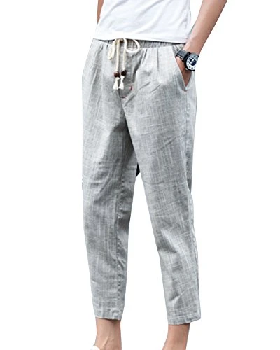 Mens Chinos Trousers Cotton Linen Lightweight Drawstring Elasticated Waist Carrot Ankle Pants with P