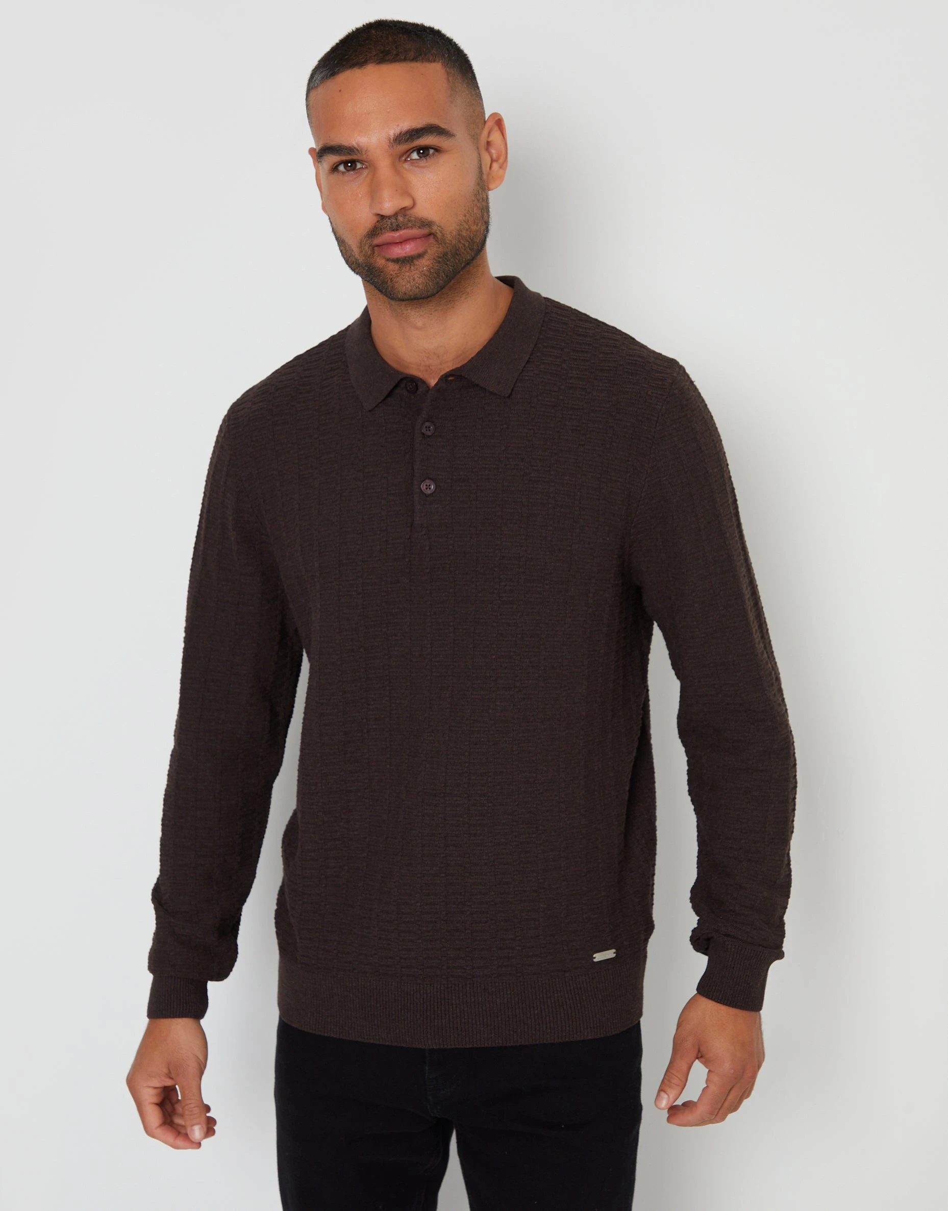 Men's Chocolate Long Sleeve Textured Knitted Polo Jumper