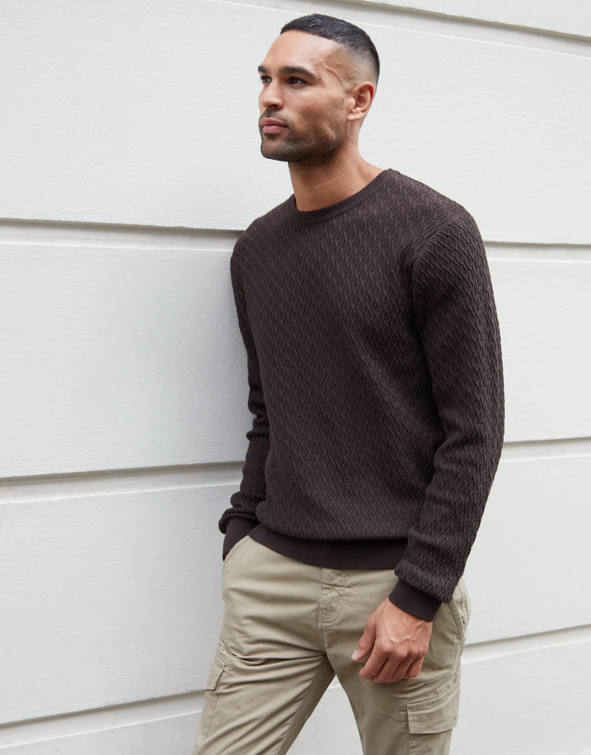 Men's Chocolate Mini Cable Knit Crew Neck Jumper