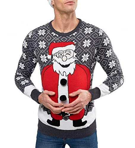 Mens Christmas Jumper 3D Fat Stomach Santa Funny Size XS S M L XL Red Grey