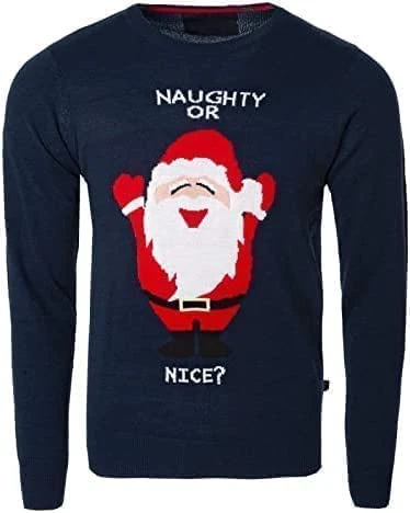 Mens Christmas Jumper Funny Naughty Or Nice Santa Xmas Novelty Thin Crew Neck Sweater (Navy, L)