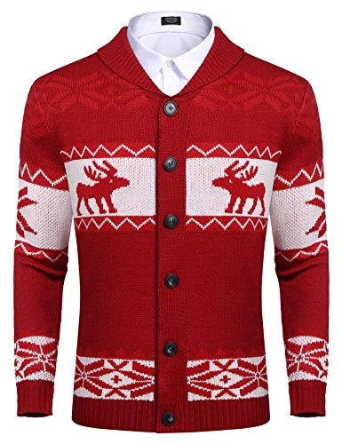 Mens Christmas Reindeer Snowflake Cardigan Sweater Shawl Collar Knitted Cardigans Button Do