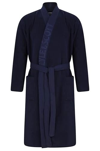 Men's Chuck Bathrobe - Luxurious Dressing Gown with Jacquard Branded Collar (M, Regular, Peacoat)