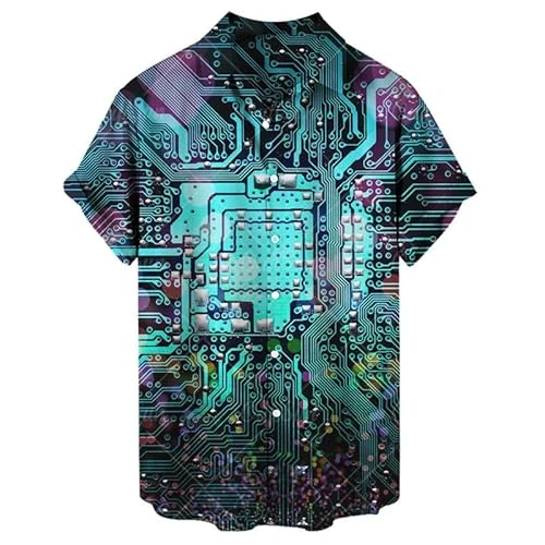 Men's Circuit Board Printed Shirts Short Sleeve Lapel Collar Shirts Summer Regular Fit Button Down S