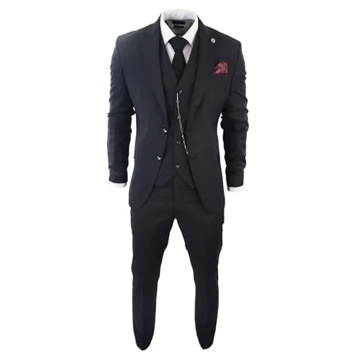 Mens Classic 3 Piece Suit Black Pocket Chain Wedding Tailored Fit Vintage Formal - Black 38