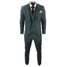 Mens Classic 3 Piece Suit Olive Green Pocket Chain Wedding Tailored Fit Vintage Formal - Green 48