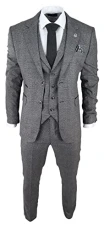 Mens Classic 3 Piece Suit Prince of Wales Check Grey Tailored Fit Vintage Wedding - Grey 40