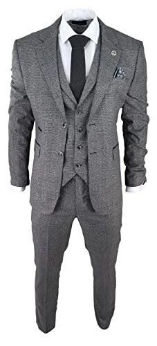 Mens Classic 3 Piece Suit Prince of Wales Check Grey Tailored Fit Vintage Wedding - Grey 40