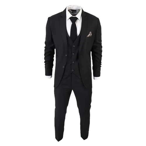 Men's Classic Black Suit 3 Piece Tailored Fit Vintage Office Funeral Security Waiter Wedding - Black