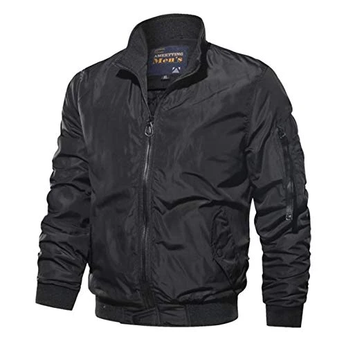 Men's Classic Bomber Jacket Casual Lightweight Sportswear Jacket Outwear Zip Waterproof Coat Black