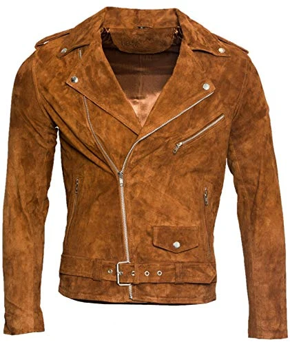 Men's Classic Brando Casual Tan Suede Leather Biker Jacket M