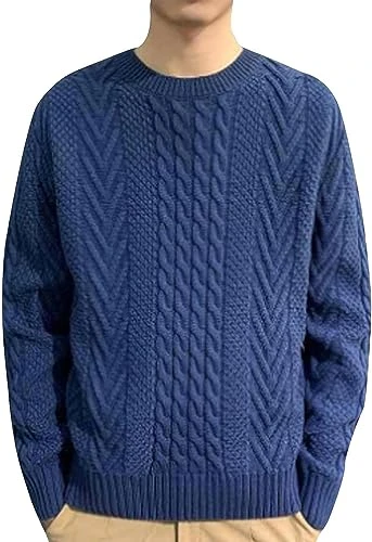 Men's Classic Crewneck Long Sleeve Sweater Soft Cable Kintted Pullover Sweater Blue