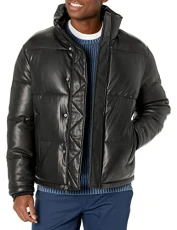 Men's Classic Faux Leather Puffer Bomber Jacket, Black, M Men's Classic Faux Leather Puffer Bomber Jacket, Black, M