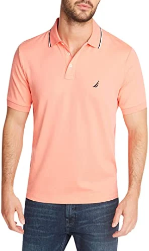 Men's Classic Fit Short Sleeve Dual Tipped Collar Polo Shirt, Pale Coral, XXL