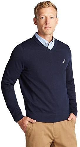 Men's Classic Fit Soft Lightweight Jersey V-Neck Sweater, Basic Navy, L