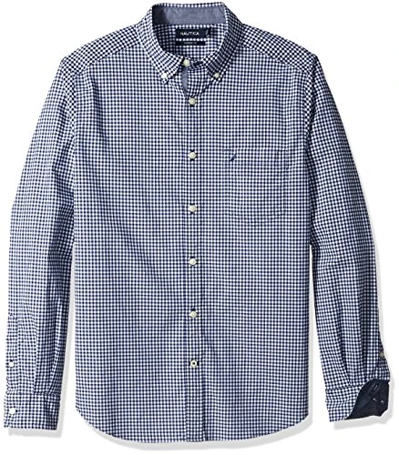 Men's Classic Fit Stretch Gingham Long Sleeve Button Down Shirt, J Navy, Medium