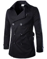 Mens Classic Jackets Slim Fit Double Breasted Trench Coat Windbreaker Pea Coat Black S