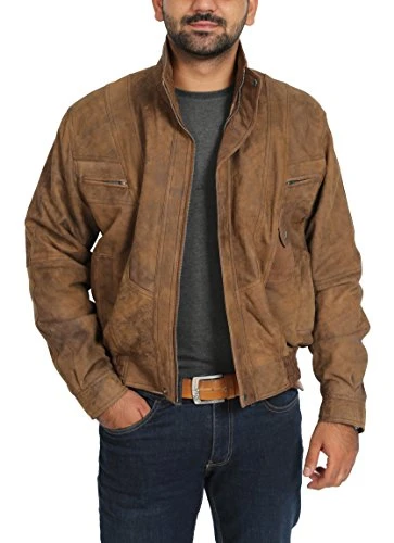 Mens Classic Leather Jacket Blouson Gents Bomber Coat Robert Brown (M)