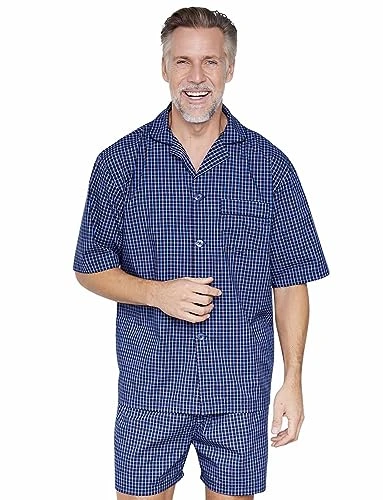 | Men's | Classic Marlow Check Short Pyjamas Set with Contrast Piping | Nightwear & Loungewear Sets | Smart & Practical Design | Machine Washable for Easy Maintenance | Navy
