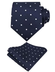 Mens Classic Polka Dot Necktie and Hanky for Business Formal Tie with Pocket Square Set, Navy+White