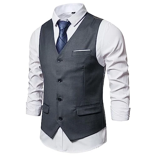 Mens Classic Wool Tweed Suit Vest Casual Sleeveless Jacket Comfort v Neck Suit for Men Big and Tall Fashionable Date Mens Waistcoats (R1-Grey, XXL)