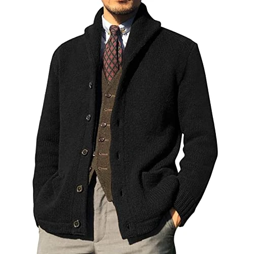 Mens Classic Zip and Button Up Gentleman Cardigan Long Sleeve Pattern Knitwear Athletic Fit Soild Sweatshirts for Men UK Party Graduation Men's Activewear Knitwear Black