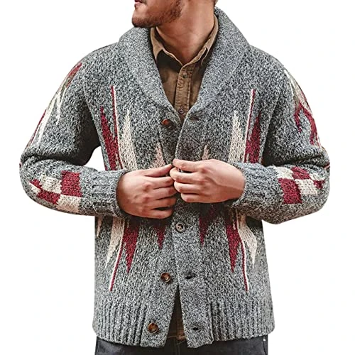 Mens Classic Zip and Button Up Gentleman Cardigan Long Sleeve Pattern Knitwear Standard-fit Print Knit Cardigan Mens Outdoor New Year Men's Activewear Knitwear Grey