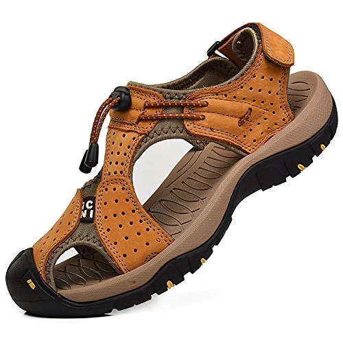 Men's Closed-Toe Hook&Loop Outdoor Hiking Leather Shoes Sandals SN1505(Tan,10 UK)