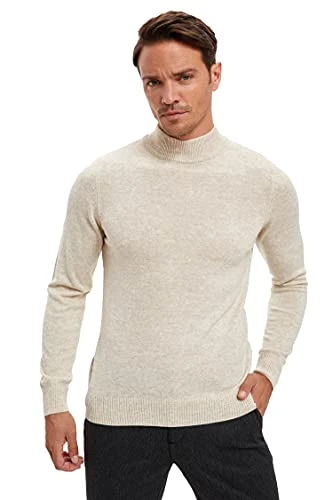 Men's Clothing and Men's Shirts Man Slim Fit Mock Neck Long Sleeve Jersey Sweater, Lt.Beige Melange,