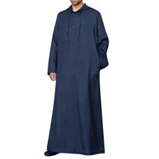 Mens Clothing Kaftan Maxi-Muslim Male Fresh Sweethearts with Pull On Loose Breathable Cotton Crew Neck Stitching Solid Argyle DryBlend Robe Dubai Long Gown Ethnic Clothes Navy