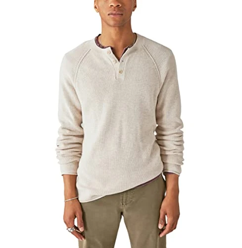 Men's Cloud Soft Henley Sweater, Straw Heather, Large