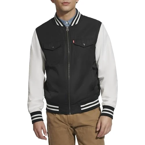 Men's Colorblock Varsity Bomber Jacket, Black/White, M
