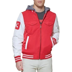 Men's Colorblock Varsity Bomber Jacket, Red/Fleece Hood, S Men's Colorblock Varsity Bomber Jacket, Red/Fleece Hood, S
